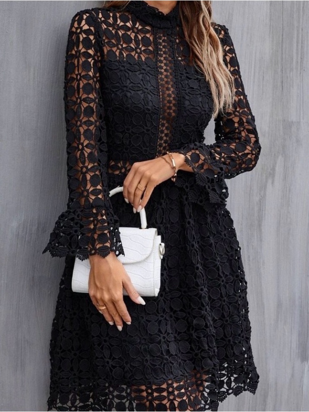 Mock Neck mesh insert Flounce Sleeve Lace Dress black